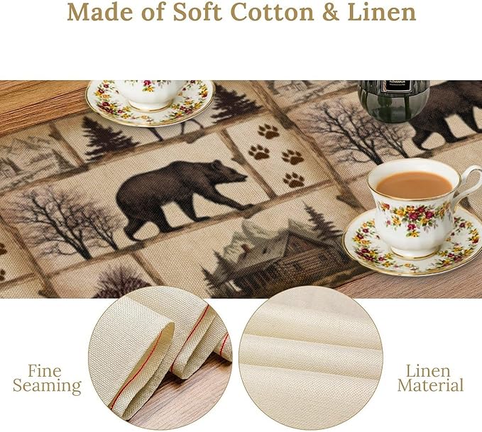 Rustic Cabin Table Runner, Retro Moose Cone Deer Bear Farmhouse Lodge Table Runner for Dinner Living Room Kitchen Vintage Country Cottage 13x70 Inch