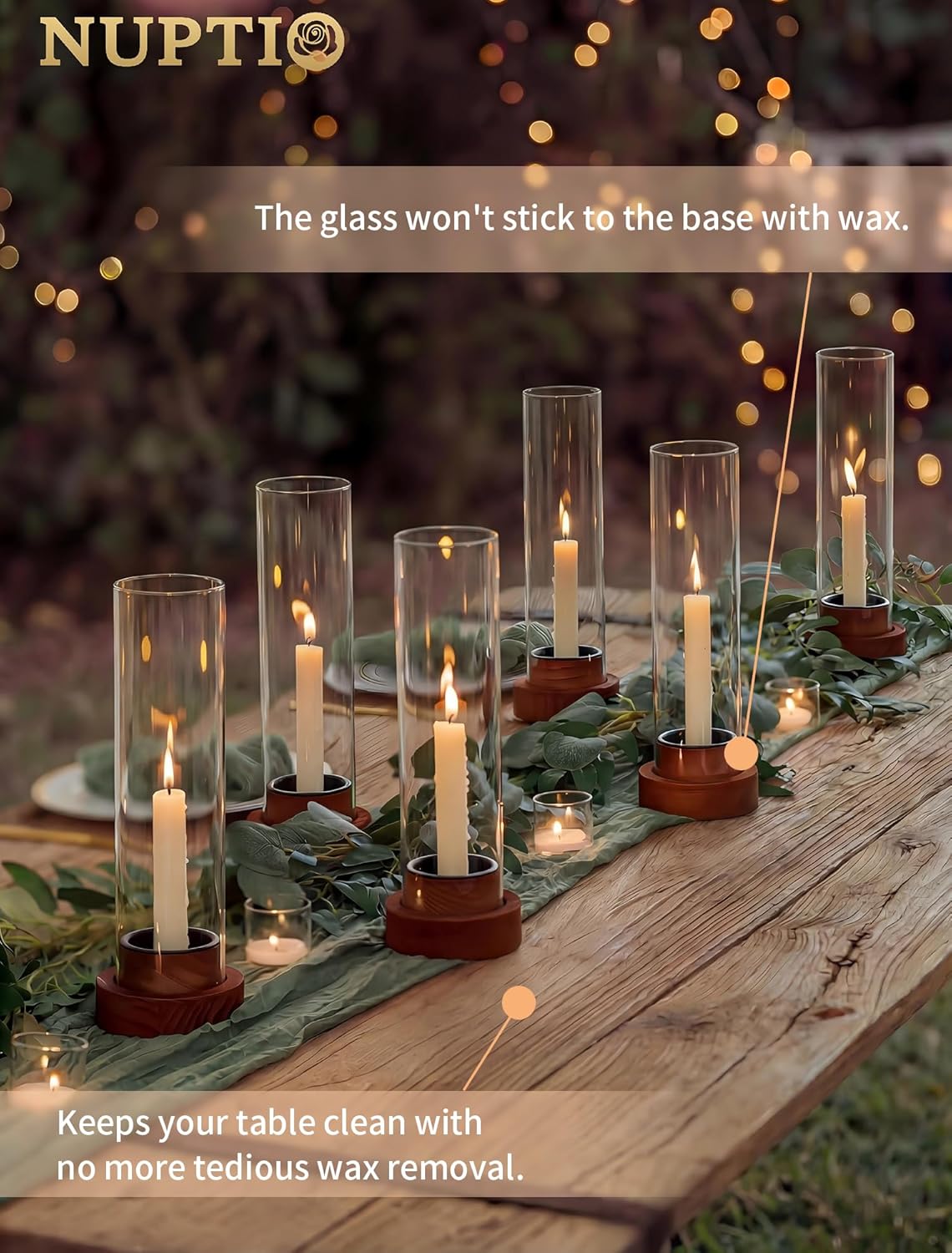 NUPTIO Hurricane Glass Candle Holders with Wax Catchers, Dripless, Set of 2 | Metal Bobeches Catch Drips, Clear Chimney Glass, Brown Wood Bases, for Modern Weddings, Dining Tables, Easy Clean and Reuse