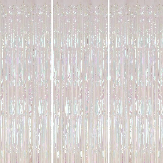 3 Pack Foil Fringe Backdrop, 3.3x8.2 Feet Tinsel Curtains, Transparent Rainbow Party Decor Steamers, Fringe Backdrop Curtains for Birthday Graduation Christmas Theme Party Decorations