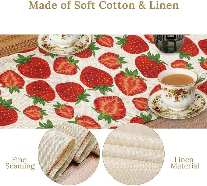 Strawberry Table Runner,Spring Summer Fruit Print Table Runner for Kitchen Dining Table Home Party Decoration 13x60 Inch