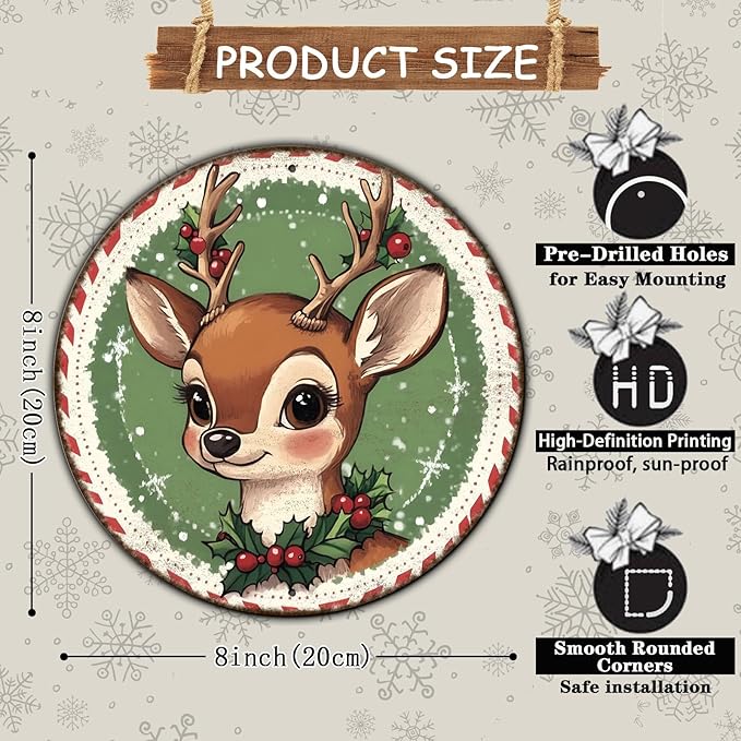 Round Retro Reindeer Metal Tin Sign - Vintage Christmas Decor for Home Coffee Wall - 8 * 8 in