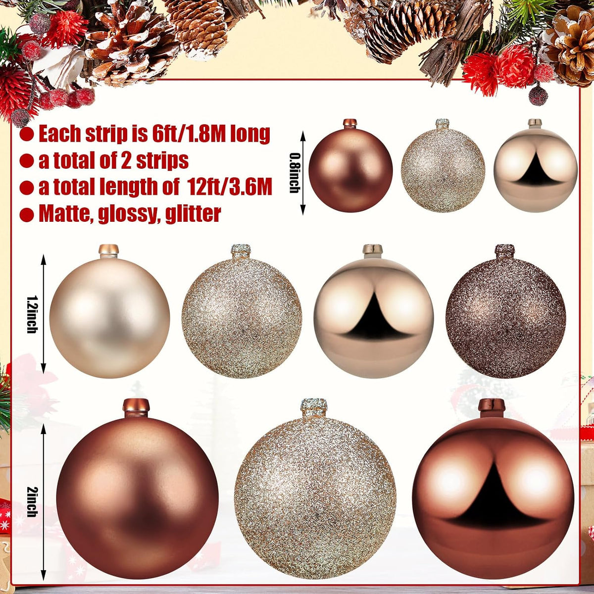 6 ft christmas ball ornament garland, brown, champagne shown in use