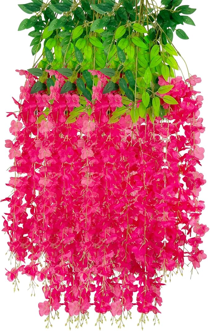 12 Pack Fuchsia Wisteria Hanging Flowers Garland, 3.77 Feet Artificial Flower Vines, Fake Wisteria, Artificial Vines Hanging Garland for Backdrop Outdoor Yard Garden Decor