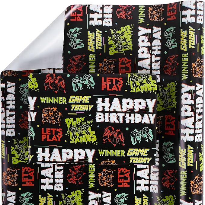 Aimyoo Gaming Birthday Wrapping Paper Roll - 17 Inch X 16.4 Feet - Black Happy Birthday Video Game Pattern Gift Wrap Paper for Boys Party, Baby Shower, Holiday