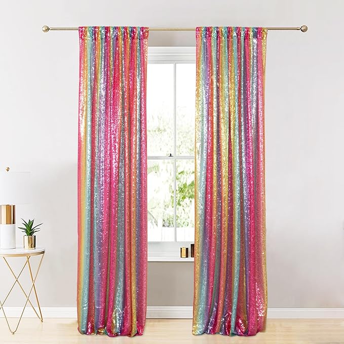 ShiDianYi Sequin Backdrop Rainbow 2 Panels 4FTx6FT Backdrops for Photoshoot Sequin Curtains Backdrop Wedding Anniversary Birthday Background