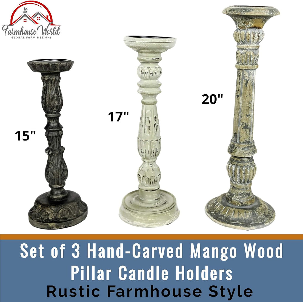 Farmhouse Candle Holders Set of 3 - Wooden Candle Holders with Distressed Finish for a Vintage Antique Decor Look - Each Rustic Decorative Pillar Candle Holder is Hand-Carved