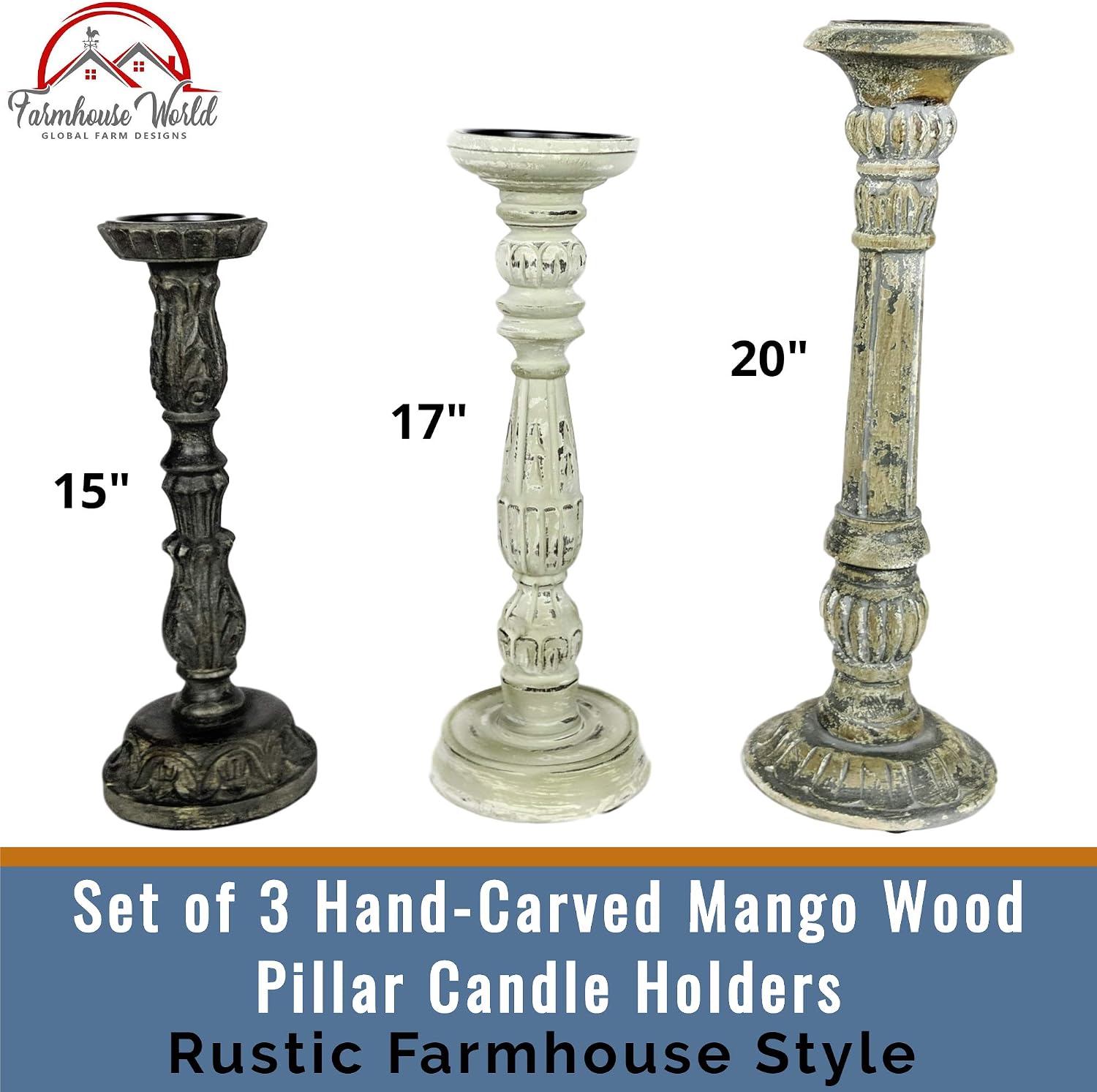 Farmhouse Candle Holders Set of 3 - Wooden Candle Holders with Distressed Finish for a Vintage Antique Decor Look - Each Rustic Decorative Pillar Candle Holder is Hand-Carved