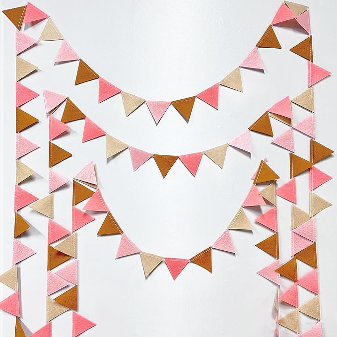 Boho Party Decorations Brown Blush Pink Felt Hanging Triangle Mini Bunting Pennant Banner Flag for Birthday Engagement Baby Shower Bachelorette Wedding Holiday Hen Party Classroom Nursery Decor