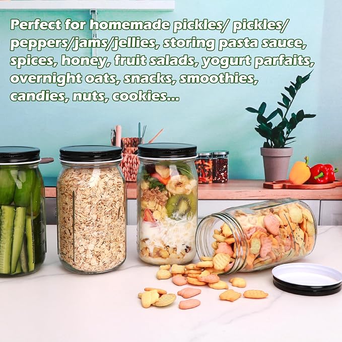 QAPPDA Wide Mouth Mason Jars 32 oz 12 Pack, Large Glass Jars Canning Jar with Lids for Pickling, Storage Food, Meal Prep, Jams, and Spices
