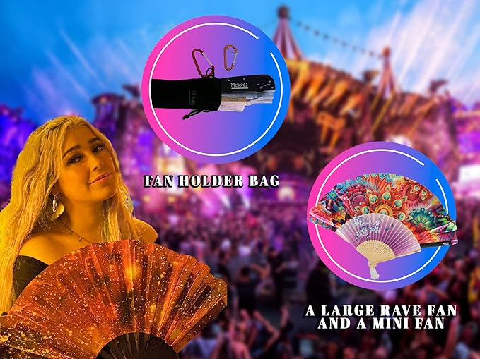 Large Rave Fan - 2 Pack Handheld Folding Fans With Holder - Accessories for Festivals, EDM, Burlesque, Drag Queen, Raver Gifts (Meteorite)
