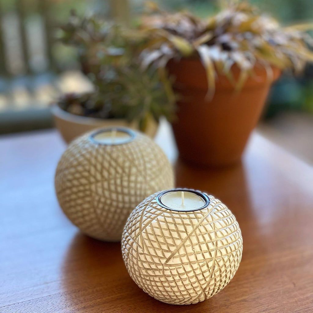 Luca Beige Orb Tea Light Candle Holders, Gift Boxed Set of 2 | Beige and white grid-pattern orbs for coffee table, console, entryway, mantel, dining centerpiece; coastal, modern, farmhouse