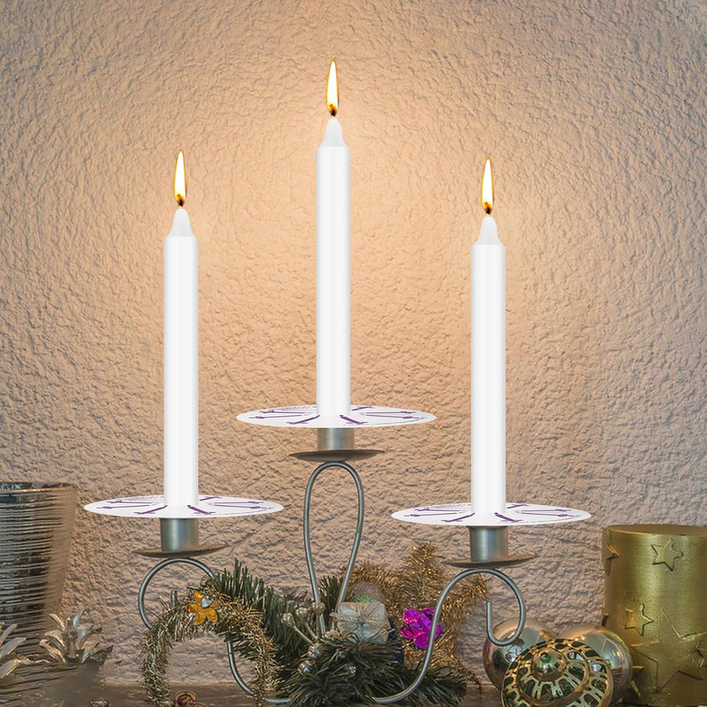 100 Pack 5 Inch White Taper Candles with Drip Protectors, Unscented Bulk Christmas Advent Church Candles for Spell Ritual, Prayer Altar Decor, Wicca Shabbat, Meditation Vigil Candle Holders