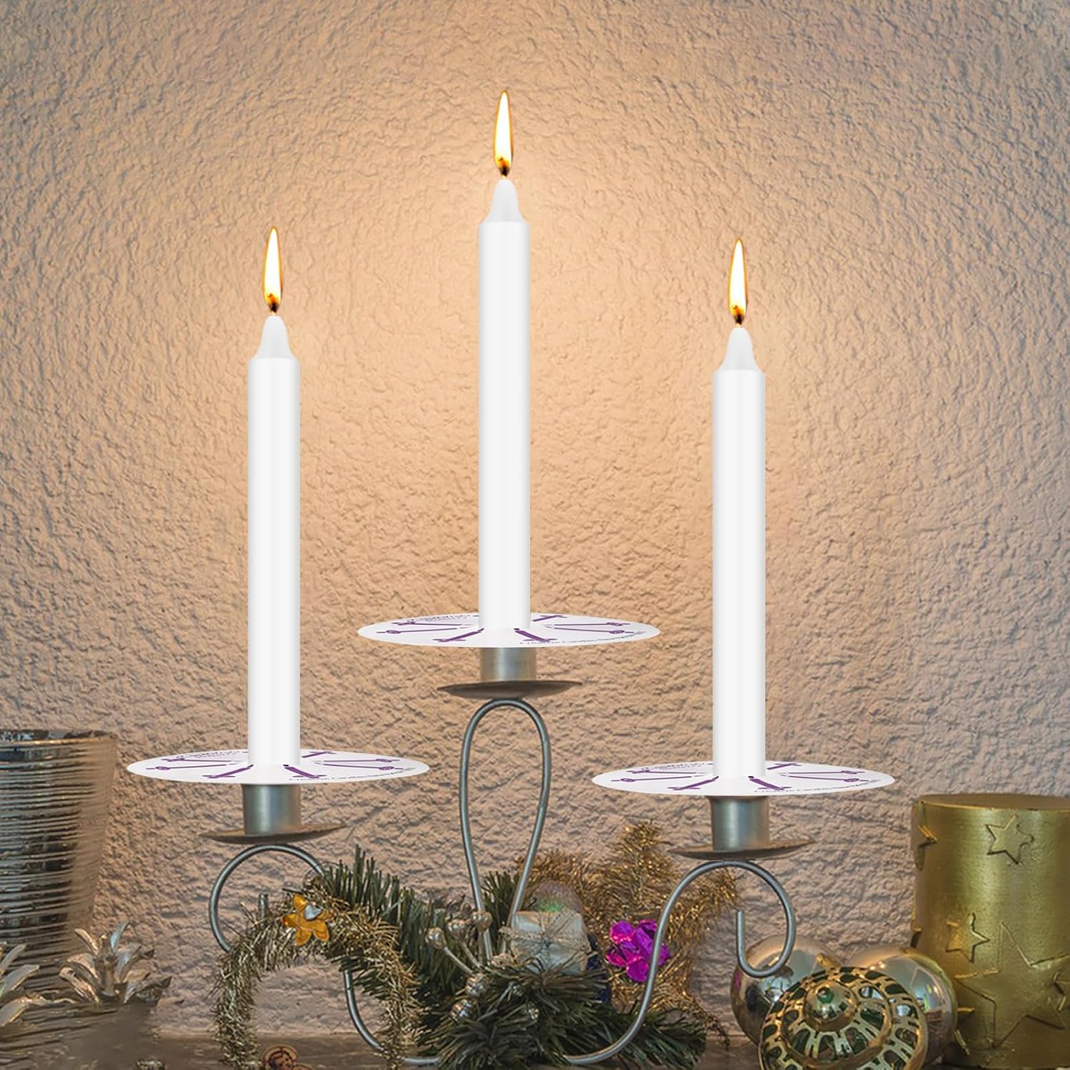 100 Pack 5 Inch White Taper Candles with Drip Protectors, Unscented Bulk Christmas Advent Church Candles for Spell Ritual, Prayer Altar Decor, Wicca Shabbat, Meditation Vigil Candle Holders