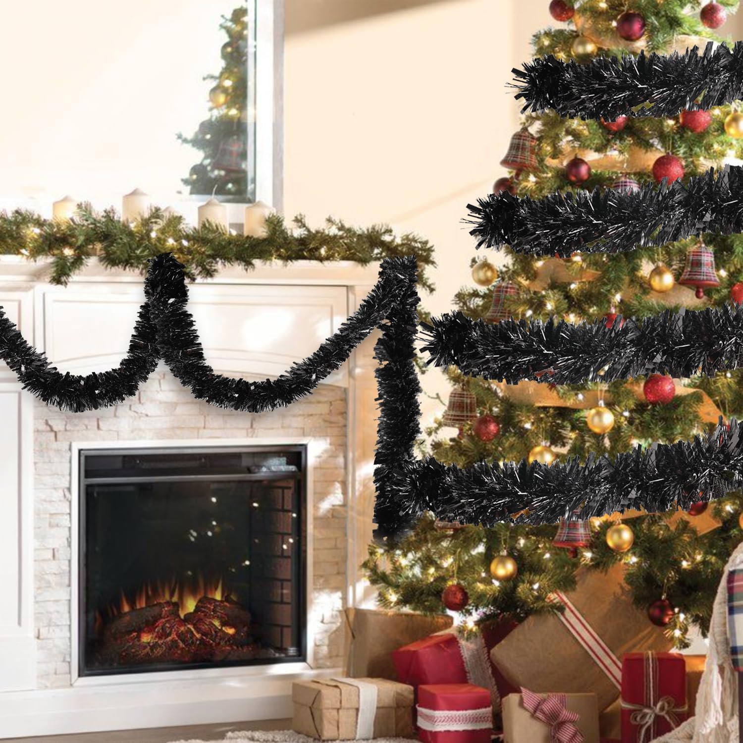 FOIMAS 33FT Black Tinsel Garland,Halloween Metallic Tinsel Garland Twisted Hanging Garland for Halloween Christmas Tree Fireplace Home Decoration