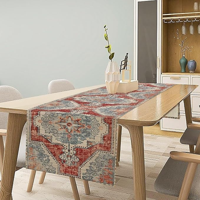 Boho Floral Vintage Table Runner, Retro Blue Red Flower Rustic Country Farmhouse Abstract Pattern for Home Kitchen Table Decor Dining Coffee Room Party Decor 13x72in
