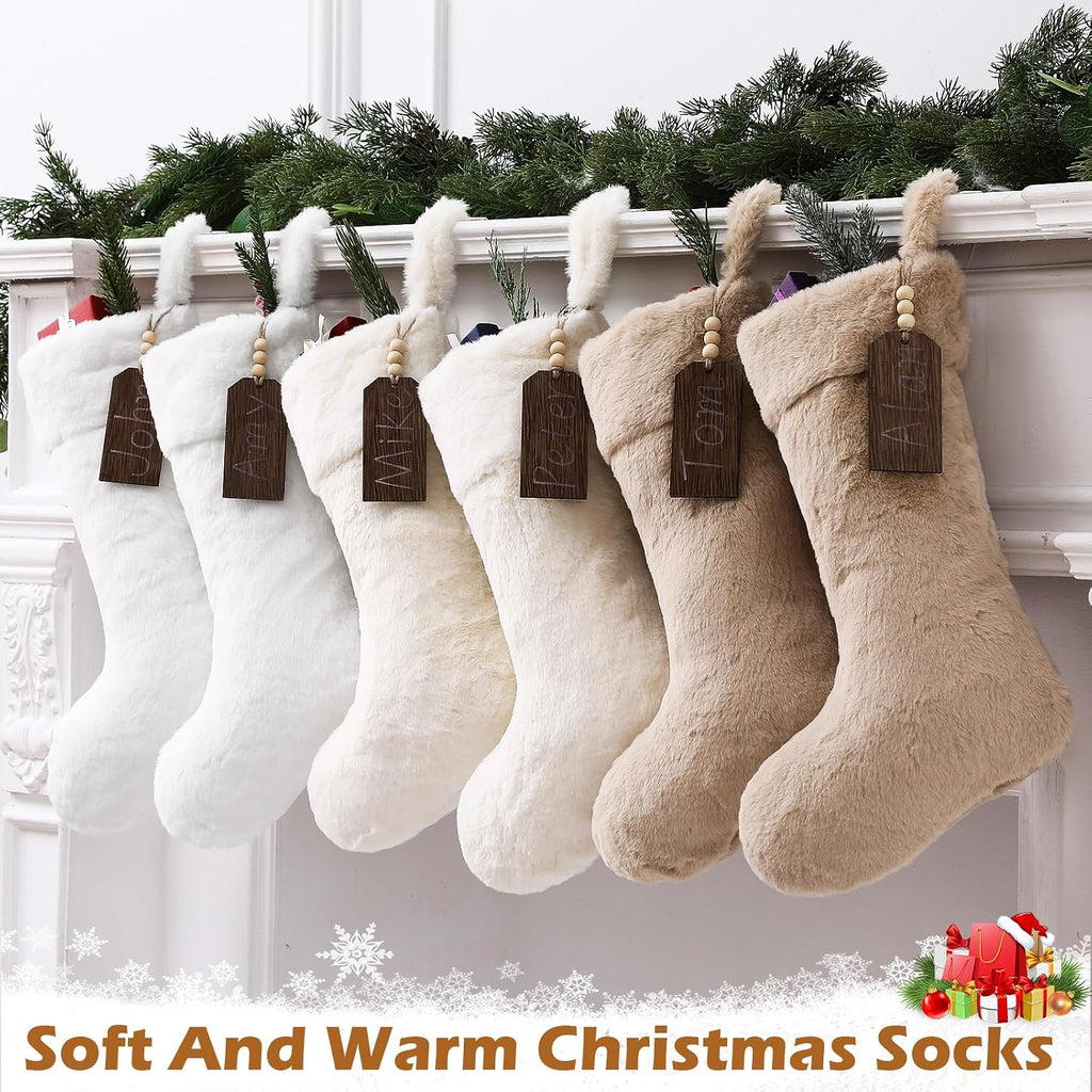 Shinymoon 6 Pcs 18 Inch Neutral Plush Faux Fur Christmas Stocking with Wooden Name Tags, Personalized Luxury Thick Fuzzy Xmas Stocking for Fireplace Mantel Stair Railings Holiday Party Decor