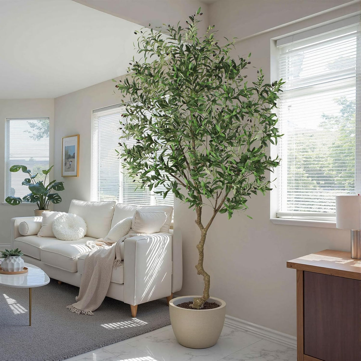 faux olive tree 8ft, large realistic silk olive, side view