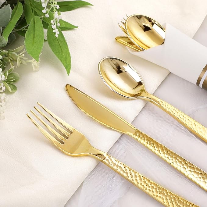 Supernal Set of 60 Wrapped Plastic Silverware Gold Pre Rolled Silverware Set Disposable,Plastic Cutlery for Parties,Disposable Cutlery Heavy Duty with Linen Napkins For Weddings Birhday