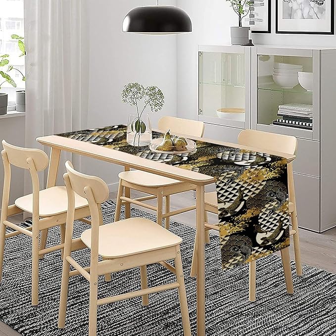 Japanese Table Runner Oriental Tradition Kio Fish Gold Art Printed Burlap Runner Home Kitchen Dining Table Living Room Decor Fabric 1 Panel W13xL108in