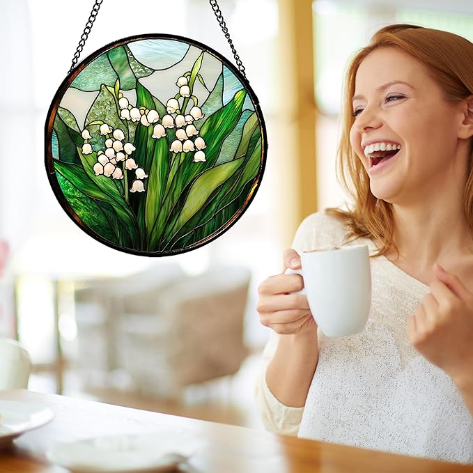 Stained Glass Window Hanging - White Green Lily of The Valley Suncatcher for Doors Garden Terrace Plant Sun Catchers Decor Mother's Day Birthday Flowers Gifts for Women Men Mom 15 in
