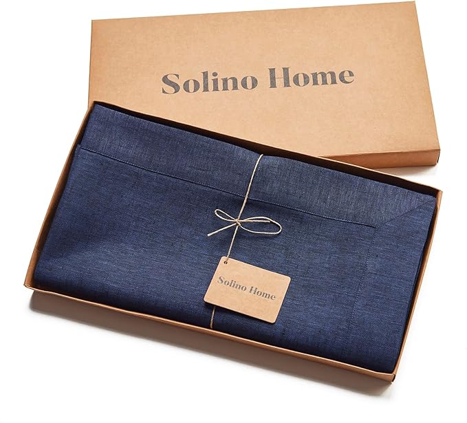 Solino Home Linen Tablecloth 60 x 120 Inch - 100% Pure Linen Chambray Navy Table Cloth for Rectangular Tables - Athena, Machine Washable Cloth Tablecloth for Fall, Thanksgiving, Christmas, Holiday