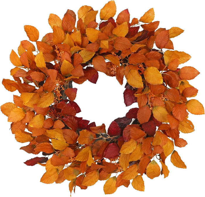 Artificial Fall Leaf Wreath for Front Door – 24" Autumn Wreath with Lifelike Fagus Sylvatica Foliages – Orange Yellow – Rustic Thanksgiving & Halloween Decoration for Indoor & Outdoor