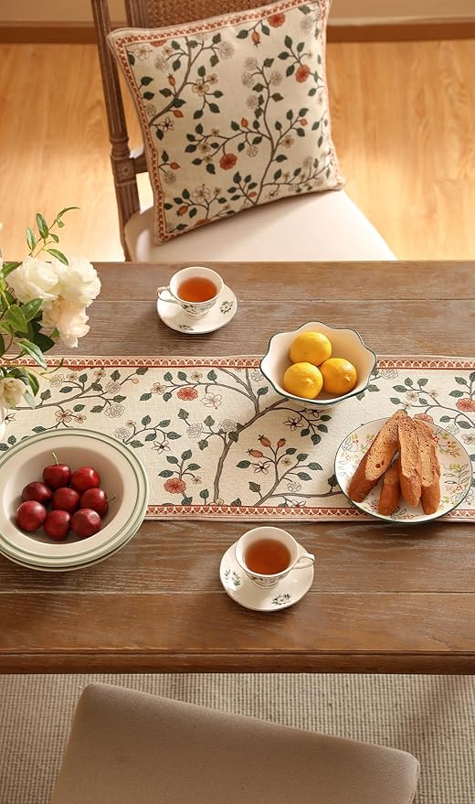 ISAENNE Designer Elegant Linen Floral Extra Long Table Runner 118 Inches,Farmhouse Light Beige Durable Decor Table Runners for Dining Tables,Thanksgiving,Kitchen Tables,Christmas,12"*118"-Flora A