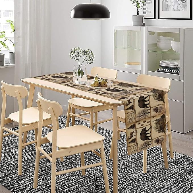 Rustic Cabin Table Runner, Retro Moose Cone Deer Bear Farmhouse Lodge Table Runner for Dinner Living Room Kitchen Vintage Country Cottage 13x70 Inch