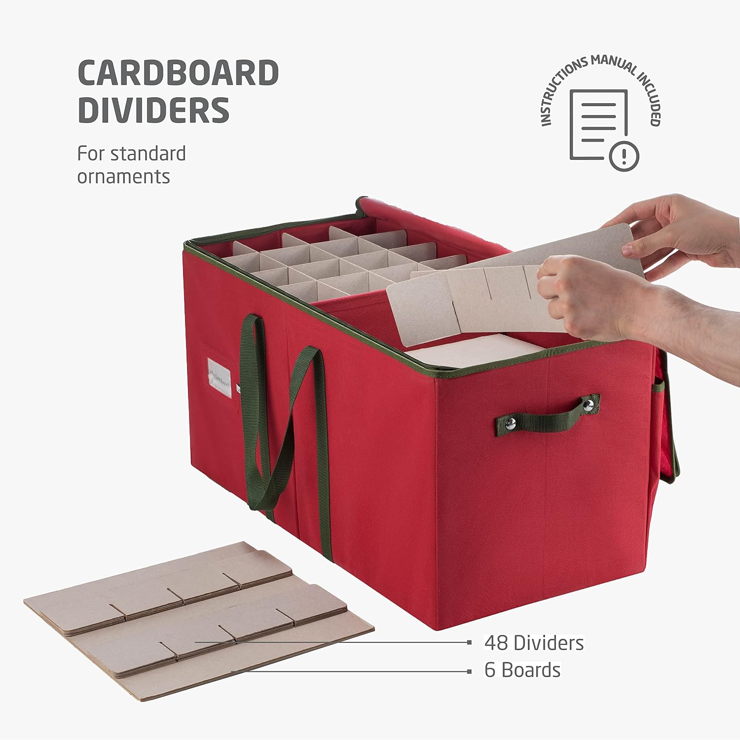 ZOBER Large Christmas Ornament Storage Box - Stores 128 3" Ornaments, With Dividers - Ornament Organizer Storage Box, Durable Christmas Containers Holder - Extra Pockets, Dual Zipper - Red