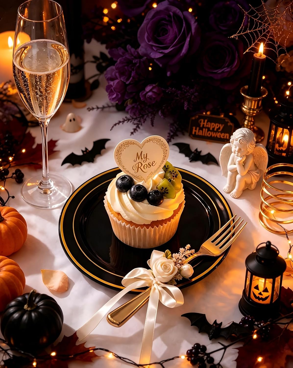 bUCLA 100 Pieces Black and Gold Plastic Dessert Plates - 7.5inch Disposable S...