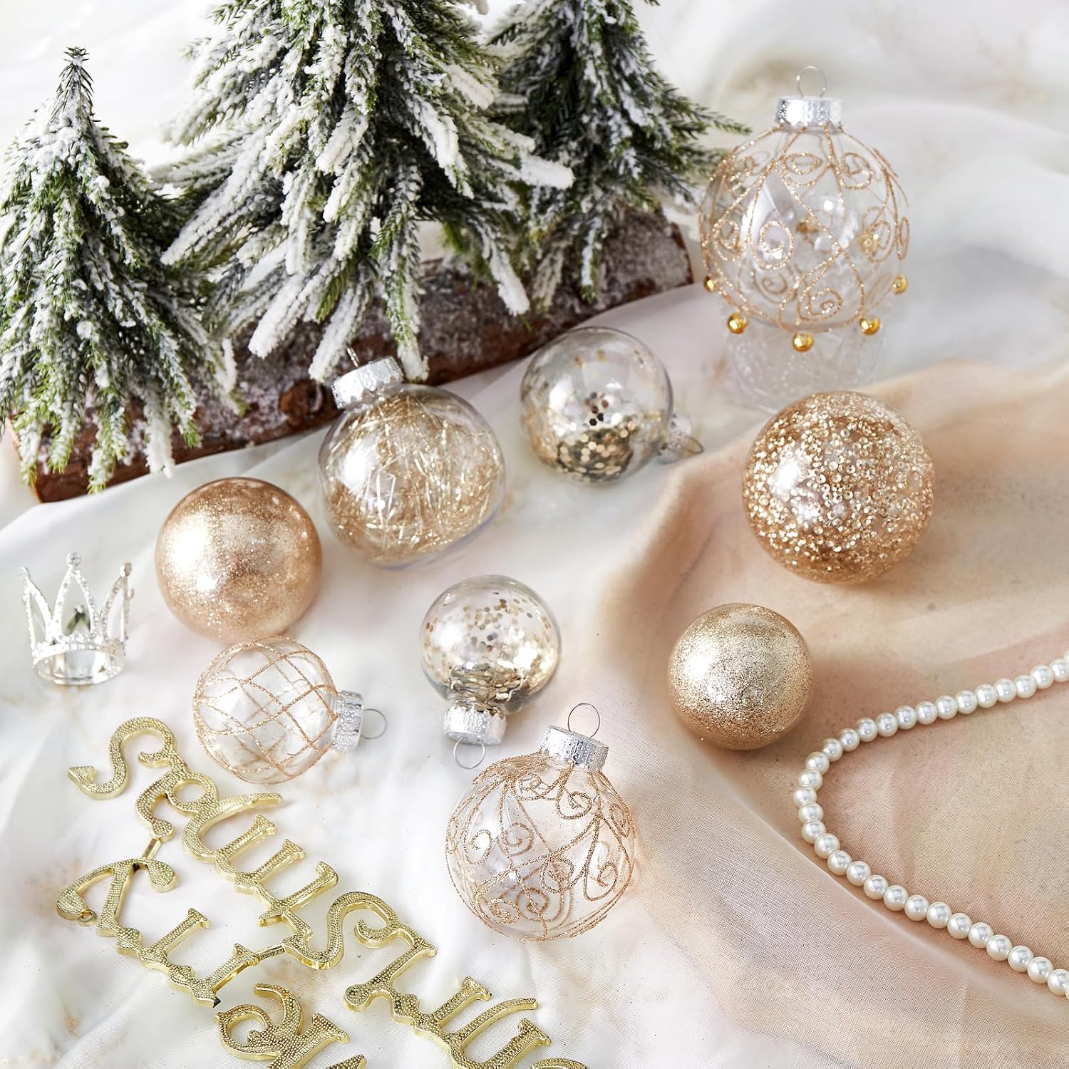 Wironlst Christmas Ball Ornaments Shatterproof Clear Large Plastic Hanging Ball Decorative Baubles Set with Stuffed Delicate Decorations (Multi-Size, Champagne)