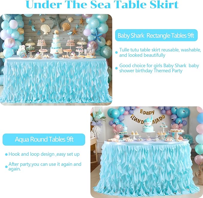 PARTISKY Aqua Blue Tulle Curly Willow Table Skirt for Rectangle Table 9ft, Ruffle Tutu Table Cloth for Boys Baby Shower,Birthday Party Candy Cake Tables