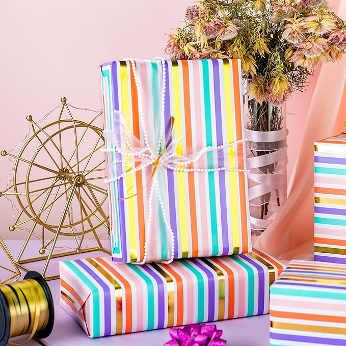 Yarcony Gift Wrapping Paper Roll, Rainbow Wrapping Paper, Colorful Stripes Gift Wrap with Gold Foil for Birthday, Baby Shower, Wedding, Christmas, All Occasions (Mini Roll, 17 Inch X 16.5 Feet)