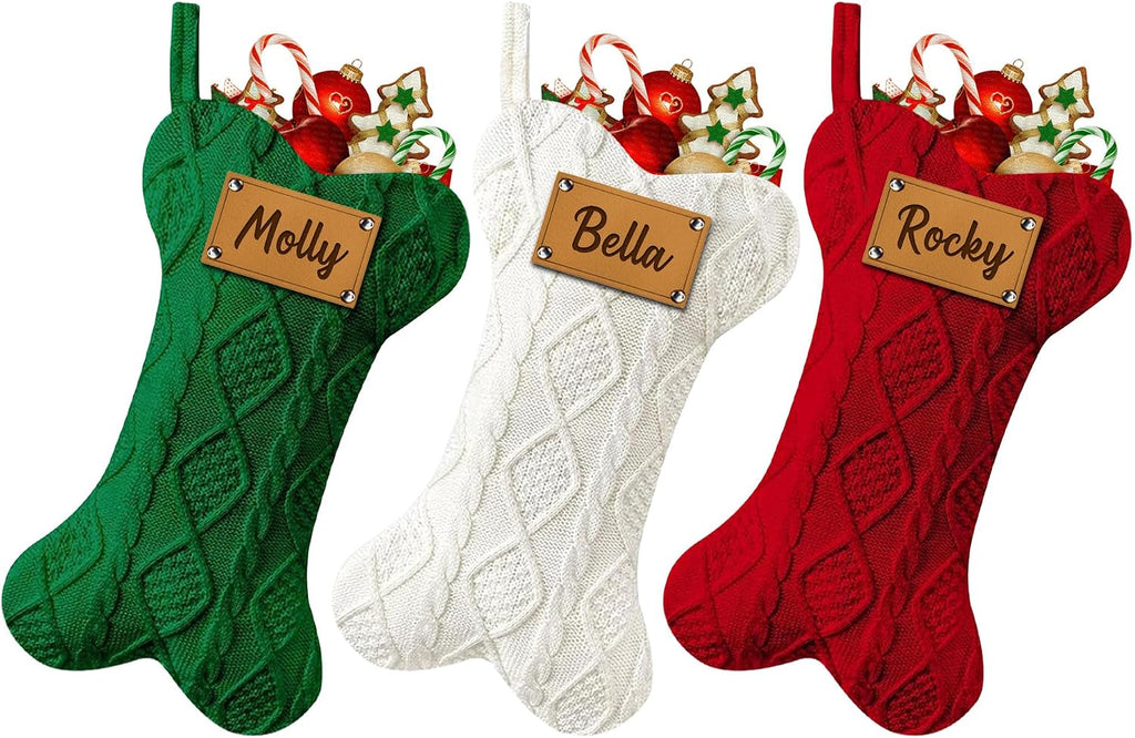 Funny DIY Personalized Dog Christmas Stocking, Large Bone Shape Cable Knit Custom Name Embroidered Dog Xmas Stockings, Knitted Hanging Stockings Pets