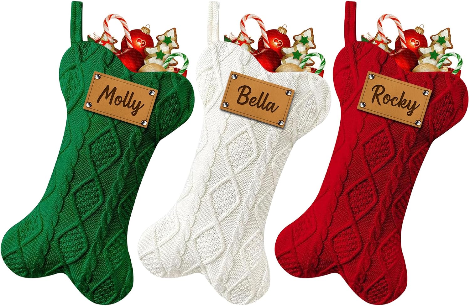 Funny DIY Personalized Dog Christmas Stocking, Large Bone Shape Cable Knit Custom Name Embroidered Dog Xmas Stockings, Knitted Hanging Stockings Pets