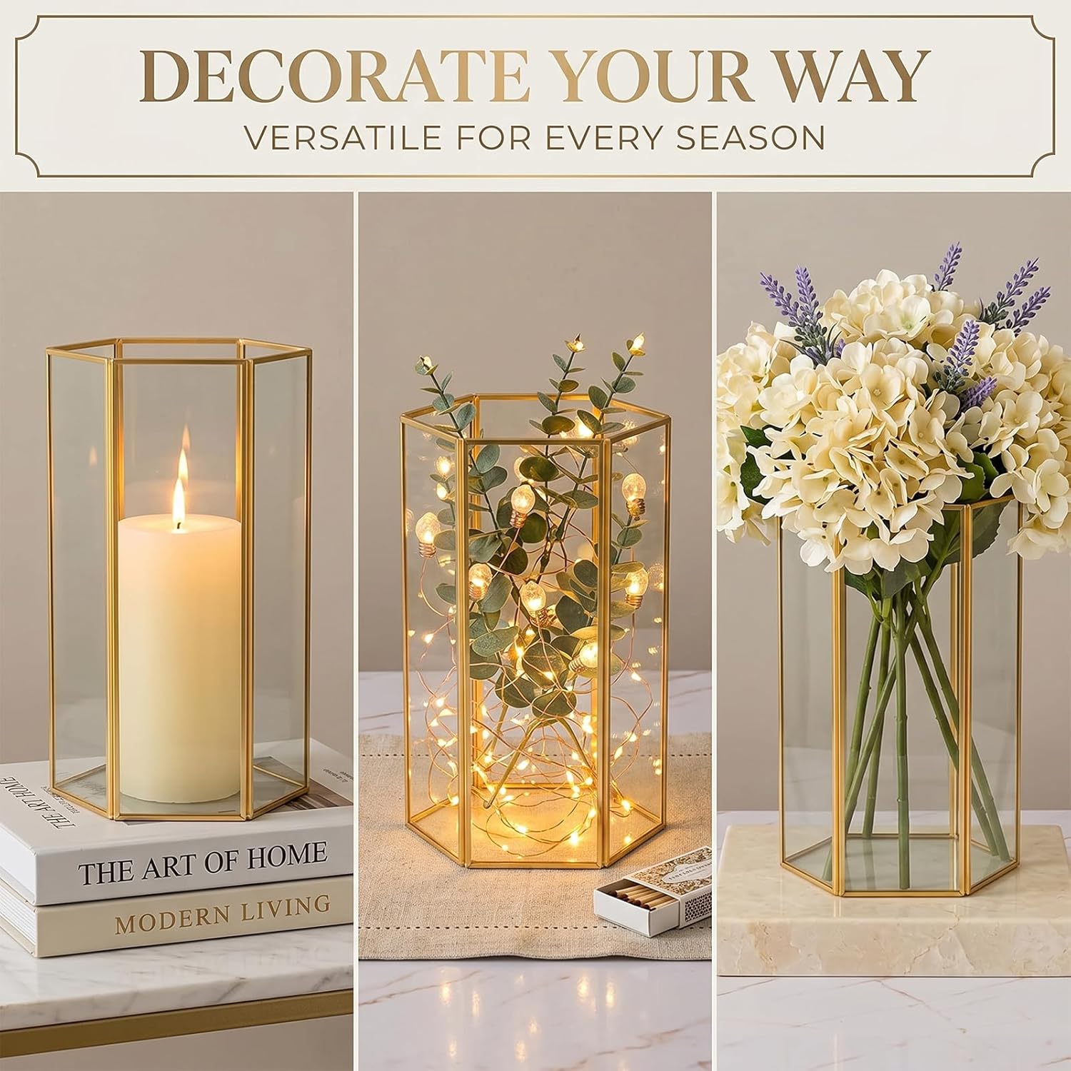 Glass Hurricane Candle Holder, Set of 3 Large Clear Hexagon Lanterns Pillar Candle Lantern with Gold Metal Frame Wedding Centerpiece Table Decor Home Decorations
