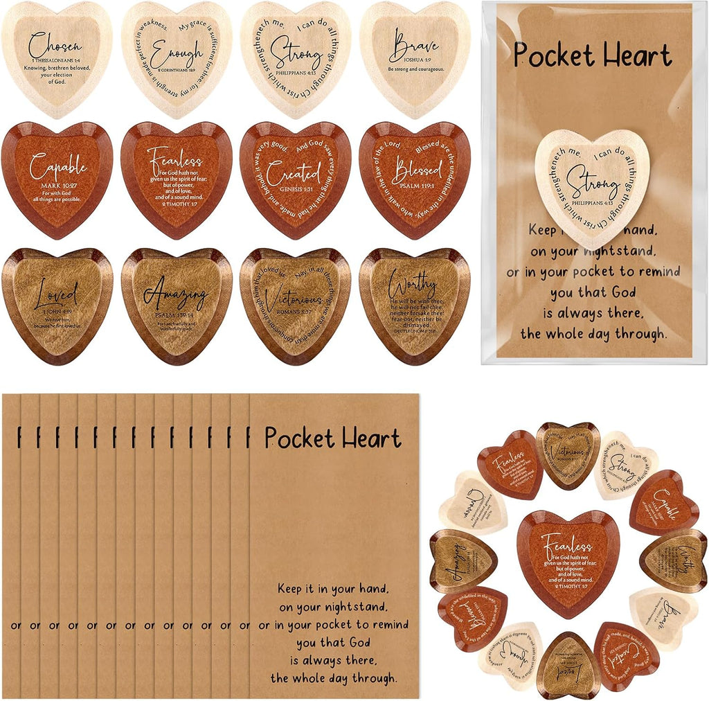 Yalikop 24 Set Christian Pocket Hearts Gifts Bulk Back to School Religious Wooden Heart Tokens with Inspirational Bible Verses Cards Gift for Mom Dad Friends Volunteer Church Gifts(Heart,Multicolor)