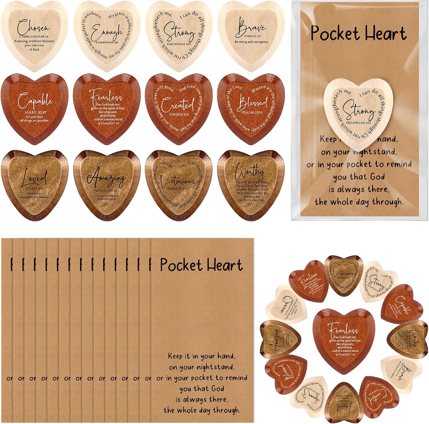 Yalikop 24 Set Christian Pocket Hearts Gifts Bulk Back to School Religious Wooden Heart Tokens with Inspirational Bible Verses Cards Gift for Mom Dad Friends Volunteer Church Gifts(Heart,Multicolor)