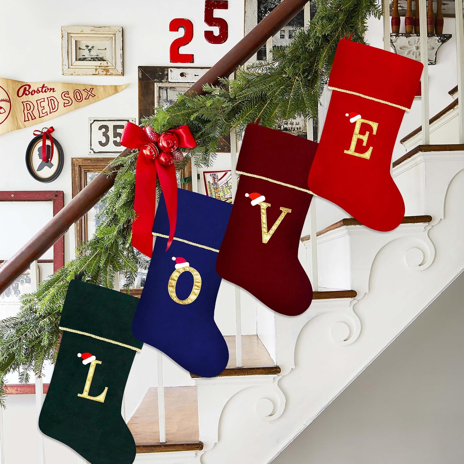 20 Inches Initial Monogram Red Christmas Stocking, Personalized Large Embroidered Letter Velvet Christmas Stocking with Gold Trim Decoration for Family Christmas Holiday Party Decor(Letter M)