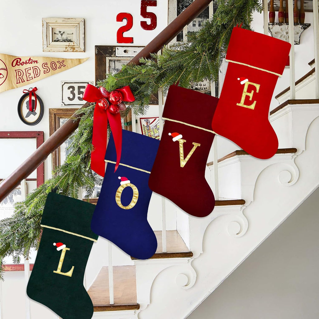 20 Inches Initial Monogram Blue Christmas Stocking, Personalized Large Soft Velvet Christmas Stocking with Gold Trim Decoration for Family Christmas Holiday Party Decor