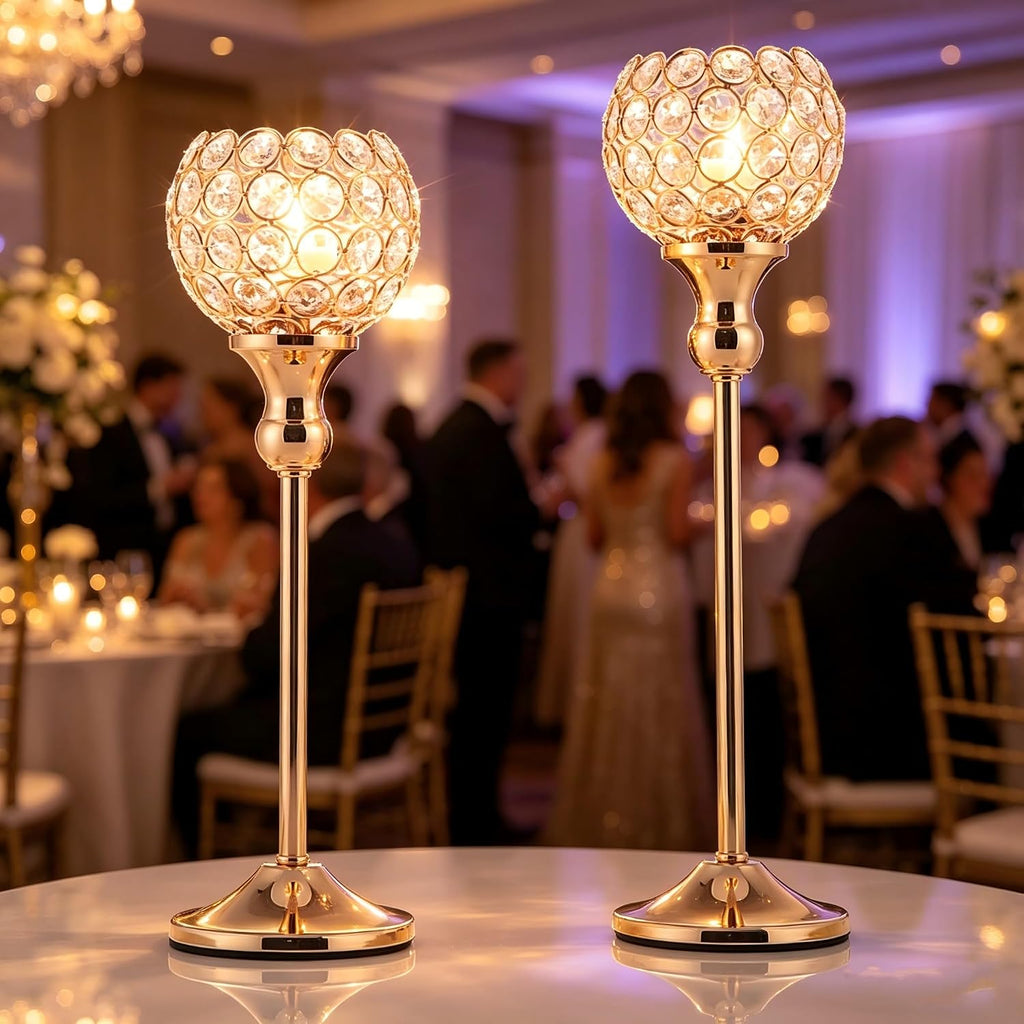 Gold Crystal Candle Holders Set of 2,Pillar Candlesticks for Table Centerpieces, Valentine's Day Home Decor Wedding Party Housewarming Gift