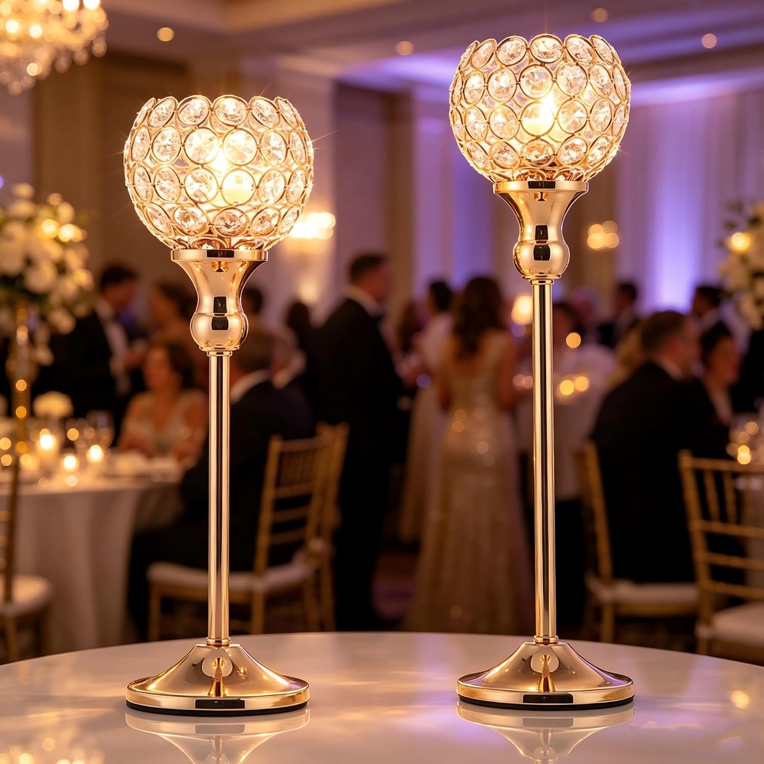 Gold Crystal Candle Holders Set of 2,Pillar Candlesticks for Table Centerpieces, Valentine's Day Home Decor Wedding Party Housewarming Gift