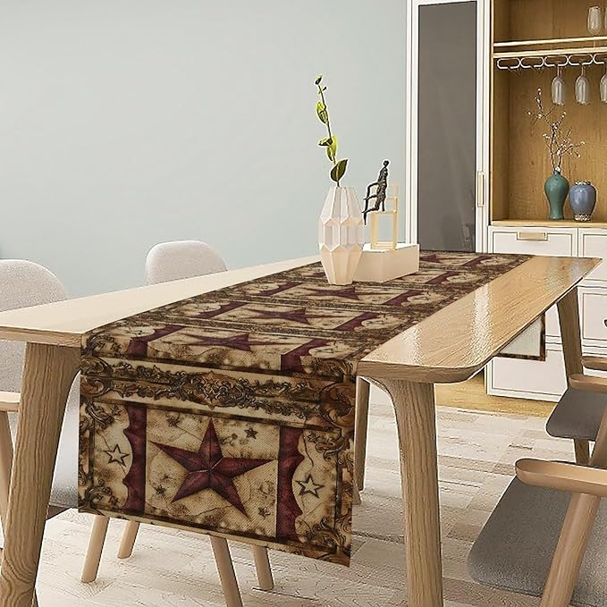 Wild West Table Runner, Rustic Farmhouse Texas Star Vintage Rodeo Cowboy Old Sign Wild West Print Pattern for Home Kitchen Table Decor Dining Coffee Room Garden Party Decor 13x108in