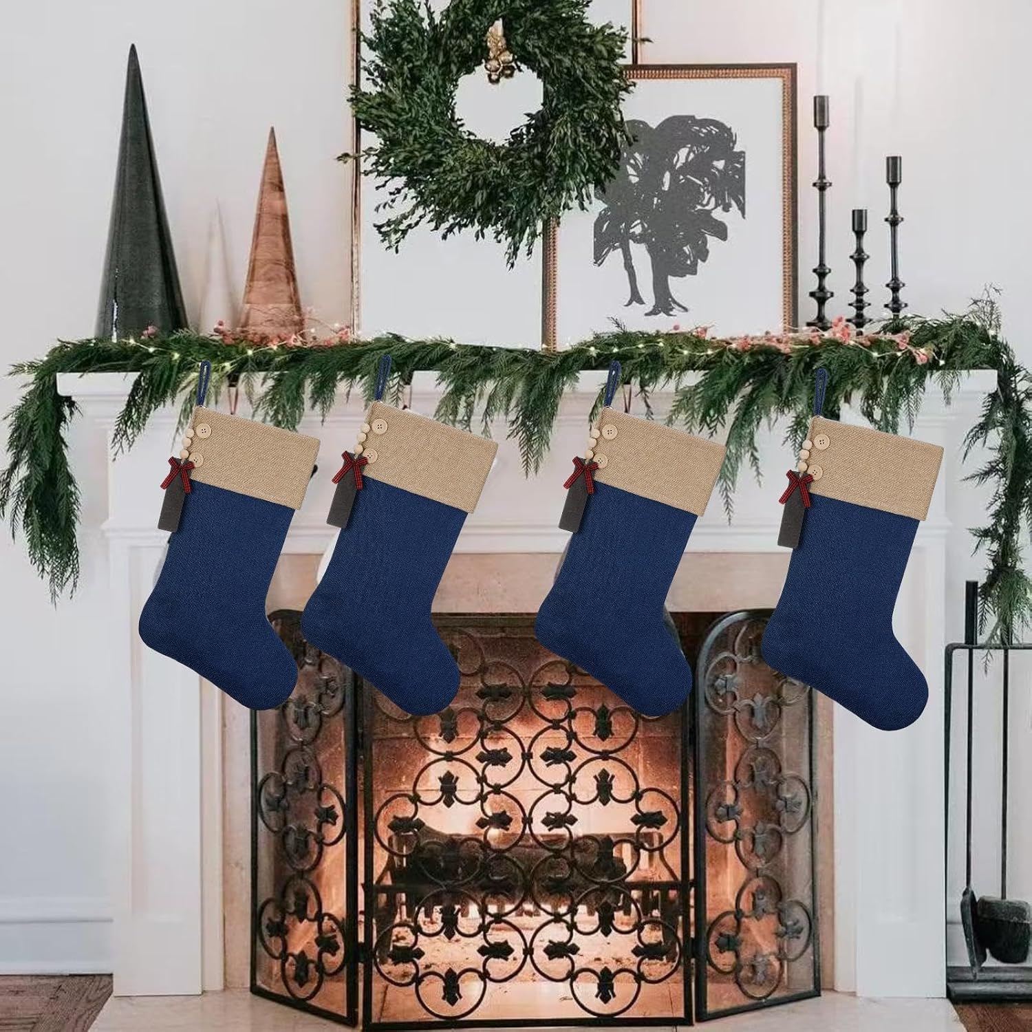 Burlap Christmas Stocking,19.5 Inch Fireplace Hanging Stockings with Wooden Tags DIY Name, Family Holiday Decorations and Xmas Gift,Blue 5Pcs