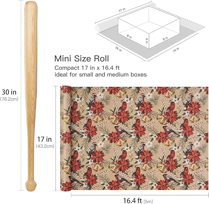 RUSPEPA Kraft Christmas Wrapping Paper Roll, Mini Roll, Cardinal Bird, Poinsettia, Golden Bell and Candy Cane Design, Vintage Kraft Gift Wrap for Women, Family, Xmas Holiday, 17 Inches x 16.4 Feet