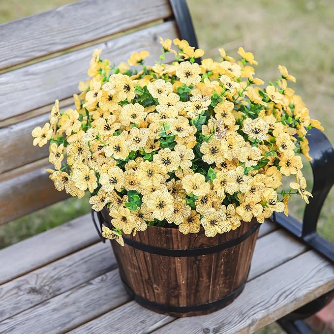 HyeFlora Artificial Fall Flowers Faux Mums for Outdoor Indoor Garden Home Decoration, Faux Flower Daisy with Eucalyptus Leaves Fake Plants Greenery Boxwood Porch Patio, 12 Bundles (Yellow)