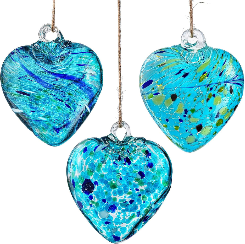 Set of 3 Handmade Glass Heart Ornaments 3.5 Inch Hanging Heart Decoration | Hand-Blown Craftsmanship, Easy-Hang Lanyard Design for Indoor & Outdoor Hanging