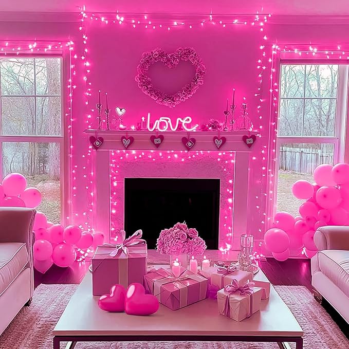 100 Count Pink Lights for Valentine's Day Decorations 20ft Mini Christmas String Lights White Wire Incandescent Bulb Waterproof Fairy Lights for Indoor Outdoor Xmas Tree Valentine's Day Décor