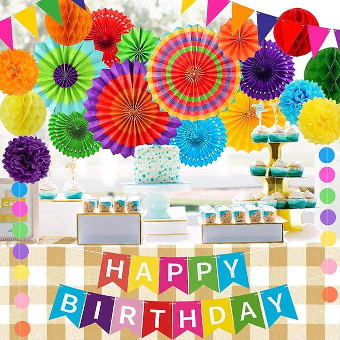 Colorful Birthday Decorations - Mexican Fiesta Party Decorations with Happy Birthday Banner, Paper Fans, Paper Pom Poms,Dots Garland, Pennant Banner, Honeycomb Balls Packs