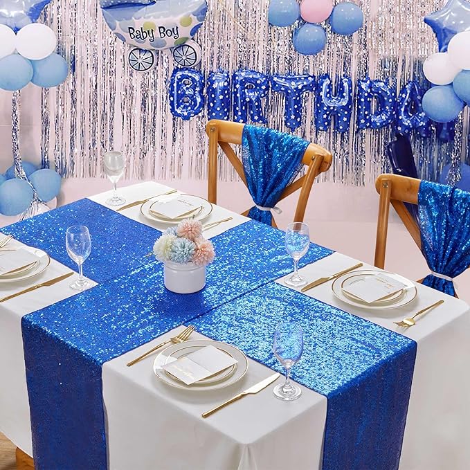 Sequin Table Runners 5 Pieces Royal Blue Table Runners 12x72 Inch Glitter Dining Table Cover for Party Wedding Birthday Reception Banquet Decoration Spring Party Chair Sashes